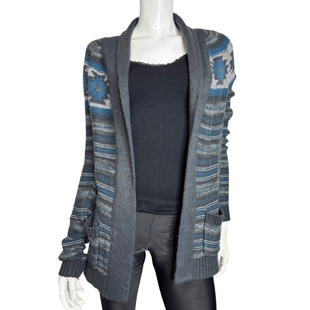 Roxy Womens Southwestern Open Front Cardigan Grey Blue Geometric Sweater Size M